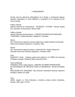 1.9 BIBLIOGRAFÍA
Escribe aquí las referencias bibliográficas de tu trabajo, a continuación algunos
ejemplos organizados en orden alfabético y congruente con la estructura de las
normas Icontec.
Folleto o Revista
Agencia Nacional de Hidrocarburos , PETRÓLEO Y FUTURO , Revista, Bogotá
D.C, Colombia, Primera edición, febrero 2009.
Folleto o Revista
Agencia Nacional de Hidrocarburos , CONCEPTOS BÁSICOS DE GEOLOGÍA
Y GEOFÍSICA, Cartilla informativa, Bogotá D.C, Colombia.
Informe
AIS, Asociación de ingeniería sísmica, Ingeominas, Estudio General de Amenaza
Sísmica de Colombia, Bogotá D.C, Colombia, 1996.
Informe
AIS, Asociación de ingeniera sísmica, comité AIS 300 , Estudio General de
Amenaza Sísmica de Colombia, Bogotá D.C, Colombia, 2009.
Libro
BADDELEY. Adrian , Analyzing spatial point patterns in R, CSIRO and University
of Western Australia, Workshop Notes, December 2010.
Tesis de Maestría
FIGUEROA SOTO. Angel Gregorio , ANÁLISIS DE TIEMPO INTEREVENTO
EN SECUENCIAS DE RÉPLICAS PARA LA IDENTIFICACI ON DE ESTADOS
DE
RELAJACIÓN DEL ESFUERZO, Tesis Doctoral, Universidad Nacional Autónoma
de México, México D.F,2009.
Libro
UDÍAS. Agustín. La Tierra Estructura y dinámica, primera edición, Barcelona,
España, 1985, págs. 179-181.
 