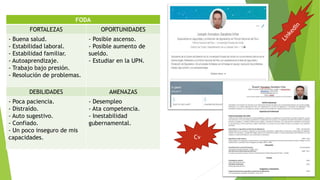 FODA
FORTALEZAS OPORTUNIDADES
- Buena salud.
- Estabilidad laboral.
- Estabilidad familiar.
- Autoaprendizaje.
- Trabajo bajo presión.
- Resolución de problemas.
- Posible ascenso.
- Posible aumento de
sueldo.
- Estudiar en la UPN.
DEBILIDADES AMENAZAS
- Poca paciencia.
- Distraído.
- Auto sugestivo.
- Confiado.
- Un poco inseguro de mis
capacidades.
- Desempleo
- Ata competencia.
- Inestabilidad
gubernamental.
Cv
 