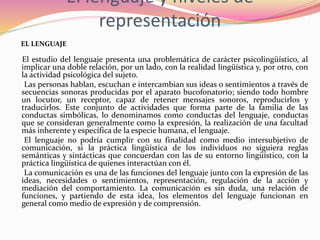 El lenguaje y niveles de
representación
EL LENGUAJE
El estudio del lenguaje presenta una problemática de carácter psicolingüístico, al
implicar una doble relación, por un lado, con la realidad lingüística y, por otro, con
la actividad psicológica del sujeto.
Las personas hablan, escuchan e intercambian sus ideas o sentimientos a través de
secuencias sonoras producidas por el aparato bucofonatorio; siendo todo hombre
un locutor, un receptor, capaz de retener mensajes sonoros, reproducirlos y
traducirlos. Este conjunto de actividades que forma parte de la familia de las
conductas simbólicas, lo denominamos como conductas del lenguaje, conductas
que se consideran generalmente como la expresión, la realización de una facultad
más inherente y específica de la especie humana, el lenguaje.
El lenguaje no podría cumplir con su finalidad como medio intersubjetivo de
comunicación, si la práctica lingüística de los individuos no siguiera reglas
semánticas y sintácticas que concuerdan con las de su entorno lingüístico, con la
práctica lingüística de quienes interactúan con él.
La comunicación es una de las funciones del lenguaje junto con la expresión de las
ideas, necesidades o sentimientos, representación, regulación de la acción y
mediación del comportamiento. La comunicación es sin duda, una relación de
funciones, y partiendo de esta idea, los elementos del lenguaje funcionan en
general como medio de expresión y de comprensión.
 