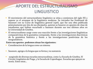 APORTE DEL ESTRUCTURALISMO
LINGUISTICO
 El movimiento del estructuralismo lingüístico se sitúa a comienzos del siglo XX y
supone ya el arranque de la lingüística moderna. Su iniciador fue Ferdinand de
Saussure con su Curso de lingüística general (1916), que fue una obra publicada
póstumamente por dos de sus discípulos, quienes se basaron en apuntes de clase de
estudiantes que habían escuchado a Saussure durante sus tres últimos años en
la Universidad de Ginebra.
 El estructuralismo surge como una reacción frente a las investigaciones lingüísticas
comparativistas de la gramática comparada, frente a las investigaciones diacrónicas
de la gramática histórica y frente a las investigaciones positivistas de los
neogramáticos.
Entre sus aportes podemos situar los siguientes:
 Consideracion de la lengua como un sistema
 Saussure, agrego a la lengua que es forma y no sustancia
 surgiendo de diversas escuelas estructuralistas, como La Escuela de Ginebra, El
Círculo Lingüístico de Praga, y la Escuela de Copenhague. Escuelas que apoyan su
teoría. Entre otras…
 