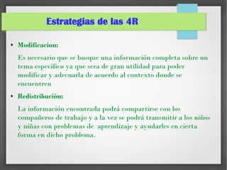 Estrategias de las 4R
● Modificacion:
Es necesario que se busque una información completa sobre un
tema especifico ya que sera de gran utilidad para poder
modificar y adecuarla de acuerdo al contexto donde se
encuentren
● Redistribución:
La información encontrada podrá compartirse con los
compañeros de trabajo y a la vez se podrá transmitir a los niños
y niñas con problemas de aprendizaje y ayudarles en cierta
forma en dicho problema.
 