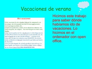 Vacaciones de verano
Hicimos este trabajo
para saber dónde
habíamos ido de
vacaciones. Lo
hicimos en el
ordenador con open
office.
 