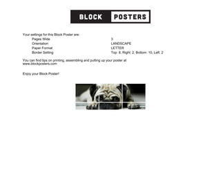 Your settings for this Block Poster are:
Pages Wide 3
Orientation LANDSCAPE
Paper Format LETTER
Border Setting Top: 8, Right: 2, Bottom: 10, Left: 2
You can find tips on printing, assembling and putting up your poster at
www.blockposters.com
Enjoy your Block Poster!
 