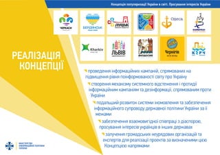 МІНІСТЕРСТВО
ІНФОРМАЦІЙНОЇ ПОЛІТИКИ
УКРАЇНИ
РЕАЛІЗАЦІЯ
КОНЦЕПЦІЇ проведення інформаційних кампаній, спрямованих на
підвищення рівня поінформованості світу про Україну
створення механізму системного відстеження і протидії
інформаційним кампаніям та дезінформації, спрямованим проти
України
подальший розвиток системи іномовлення та забезпечення
інформаційного супроводу державної політики України за її
межами
забезпечення взаємовигідної співпраці з діаспорою,
просування інтересів українців в інших державах
залучення громадських неурядових організацій та
експертів для реалізації проектів за визначеними цією
Концепцією напрямами
Концепція популяризації України в світі. Просування інтересів України
 