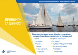 Концепція популяризації України в світі. Просування інтересів України
МІНІСТЕРСТВО
ІНФОРМАЦІЙНОЇ ПОЛІТИКИ
УКРАЇНИ
Ефективне просування інтересів України - це комплекс
заходів в різних сферах, направлених на різні аудиторії:
освіта
економіка
туризм
наука
промисловість
культура
студенти та викладачі
підприємці
подорожні та шукачі пригод
вчені та дослідники
інвестори
творчі люди
ПРИНЦИПИ
ТА ЦІННОСТІ
 