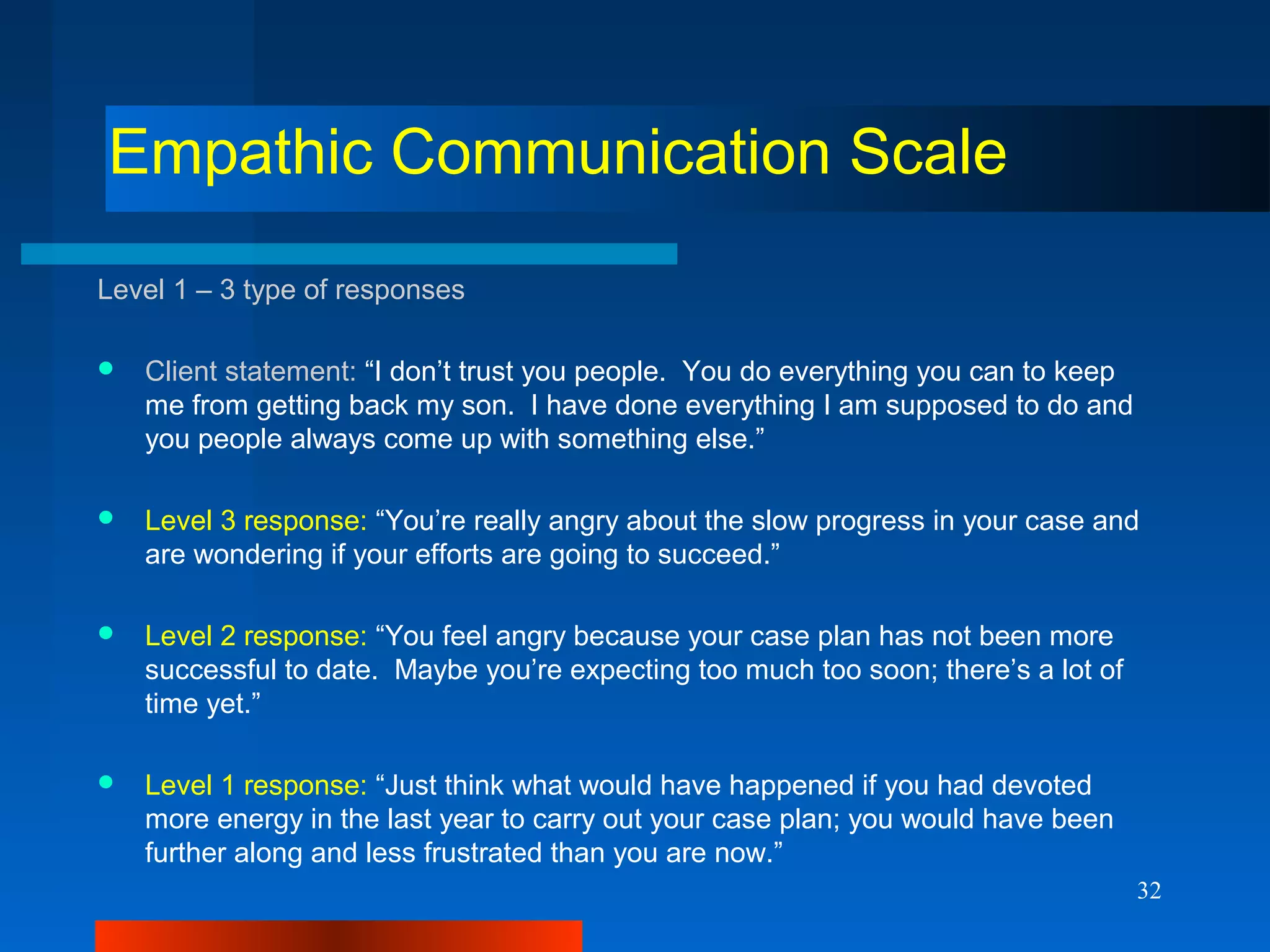 32
Empathic Communication Scale
Level 1 – 3 type of responses
 Client statement: “I don’t trust you people. You do everything you can to keep
me from getting back my son. I have done everything I am supposed to do and
you people always come up with something else.”
 Level 3 response: “You’re really angry about the slow progress in your case and
are wondering if your efforts are going to succeed.”
 Level 2 response: “You feel angry because your case plan has not been more
successful to date. Maybe you’re expecting too much too soon; there’s a lot of
time yet.”
 Level 1 response: “Just think what would have happened if you had devoted
more energy in the last year to carry out your case plan; you would have been
further along and less frustrated than you are now.”
 