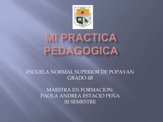 ESCUELA NORMAL SUPERIOR DE POPAYAN
            GRADO 4B

      MAESTRA EN FORMACION:
    PAOLA ANDREA ESTACIO PEÑA
           III SEMESTRE
 