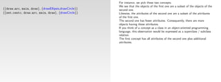 For instance, we pick these two concepts.
                                                      We see that the objects of the ﬁrst one are a subset of the objects of the
({draw arc, main, draw}, {drawEllipsis,drawCircle})   second one.
({set centc, draw arc, main, draw}, {drawCircle})     Likewise, the attributes of the second one are a subset of the attributes
                                                      of the ﬁrst one.
                                                      The second one has fewer attributes. Consequently, there are more
                                                      objects having these attributes.
                                                      If you think of a concept as a class in an object-oriented programming
                                                      language, this observation would be expressed as a superclass / subclass
                                                      relation.
                                                      The ﬁrst concept has all attributes of the second one plus additional
                                                      attributes.
 