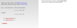 This partial order forms a lattice, called concept lattice.
                                                       Lattices can be visualized with Hasse diagrams.
({draw arc, main, draw}, {drawEllipsis,drawCircle})
({set centc, draw arc, main, draw}, {drawCircle})


Let c1 = (O1 , A1 ) and c2 = (O2 , A2 ) be concepts;

                            c1 ≤ c2 :⇔ O1 ⊆ O2

or dually
                            c1 ≤ c2 :⇔ A2 ⊆ A1


     c2 is superconcept of c1
     c1 is subconcept of c2


⇒   lattice
 