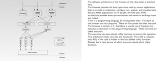 The software architecture of the ﬁrmware of this chip tester is sketched
                                                                        applications
                                                                                       here.
                                                                        firmware       The ﬁrmware provides the basic operations used by various applications,
                                                                                       that is by tools to implement, conﬁgure, run, analyze, and visualize tests.
                                         shared           message                      Because these applications run in parallel, the ﬁrst layer of the
semaphor                                 memory            queue
                                                                                       architecture provides some synchronization and means to exchange input
                                                                                       and output.
                                                                                       There is a programming language for writing these tests. The input to
           YACC parser                            constructor                          the ﬁrmware are such programs. There are ﬁrst parsed and then executed.
                                                                                       The ﬁrmware is written in C. And there is exactly one C function that
           command                                 response                            executes an operation in this programming language. These functions are
                                                                                       called executors.
                                                                                       The executors use some shared utility functions to execute the operation.
                                                                                       This architecture looks very tidy and structured. The truth is, however,
                                                                     data flow         that 90 % of the code is hidden in this box labeled utility functions.
exectuor


              exectuor


                              exectuor




                                                                                       Nobody had a clear picture of which executors shared which utility
                                                                    control flow
                                                                                       functions.


                         utility functions
                                                                        firmware

                                                                        hardware
 