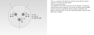 That is, a concept in the lattices for routines may be split into several
                                                      concepts in the lattice for basic blocks.
                                                      Thus, you gain more detail.
                                                      The additional level of detail comes not for free, however. The dynamic
                                                      analysis becomes more expensive. Even worse, the lattice becomes bigger.
                                                      Lattices may grow exponentially with the number of attributes and
                                                      objects in the worst case. So we were wondering whether tracing at basic
                                                      block level is feasible.
    T1                    T2
F1, F2   2         3      F1, F3   T1, T2
B0, B1                    B0, B2   F1, F2, F3
                 T1, T2            R = {B0, B1, B2}
             1
                 F1
                 B0
 