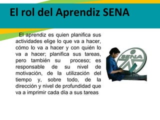 El aprendiz es quien planifica sus
actividades elige lo que va a hacer,
cómo lo va a hacer y con quién lo
va a hacer; planifica sus tareas,
pero también su proceso; es
responsable de su nivel de
motivación, de la utilización del
tiempo y, sobre todo, de la
dirección y nivel de profundidad que
va a imprimir cada día a sus tareas
El rol del Aprendiz SENA
 