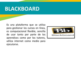 BLACKBOARD
Es una plataforma que se utiliza
para gestionar los cursos en línea,
es computacional flexible, sencilla
de usar tanto por parte de los
aprendices como por los tutores,
utiliza internet como medio para
ejecutarse.
 