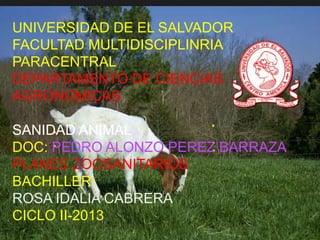 UNIVERSIDAD DE EL SALVADOR
FACULTAD MULTIDISCIPLINRIA
PARACENTRAL
DEPARTAMENTO DE CIENCIAS
AGRONOMICAS
SANIDAD ANIMAL
DOC: PEDRO ALONZO PEREZ BARRAZA
PLANES ZOOSANITARIOS
BACHILLER:
ROSA IDALIA CABRERA
CICLO II-2013

 