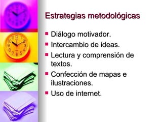 Estrategias metodológicas Diálogo motivador. Intercambio de ideas. Lectura y comprensión de textos. Confección de mapas e ilustraciones. Uso de internet. 