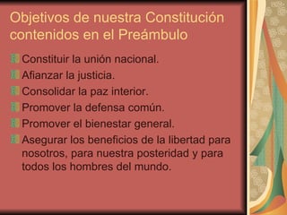 Objetivos de nuestra Constitución contenidos en el Preámbulo Constituir la unión nacional. Afianzar la justicia. Consolidar la paz interior. Promover la defensa común. Promover el bienestar general.  Asegurar los beneficios de la libertad para nosotros, para nuestra posteridad y para todos los hombres del mundo.  