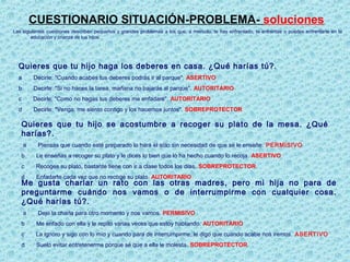 CUESTIONARIO SITUACIÓN-PROBLEMA- soluciones
Las siguientes cuestiones describen pequeños y grandes problemas a los que, a menudo, te has enfrentado, te enfrentas o puedes enfrentarte en la
educación y crianza de tus hijos.

Quieres que tu hijo haga los deberes en casa. ¿Qué harías tú?.
a

Decirle: "Cuando acabes tus deberes podrás ir al parque". ASERTIVO

b

Decirle: "Si no haces la tarea, mañana no bajarás al parque". AUTORITARIO

c

Decirle: "Como no hagas tus deberes me enfadaré". AUTORITARIO

d

Decirle: "Venga, me siento contigo y los hacemos juntos". SOBREPROTECTOR

Quieres que tu hijo se acostumbre a recoger su plato de la mesa. ¿Qué
harías?.
a

Piensas que cuando esté preparado lo hará él sólo sin necesidad de que se le enseñe. PERMISIVO

b

Le enseñas a recoger su plato y le dices lo bien que lo ha hecho cuando lo recoja. ASERTIVO

c

Recoges su plato, bastante tiene con ir a clase todos los días. SOBREPROTECTOR

d

Enfadarte cada vez que no recoge su plato. AUTORITARIO

a

Dejo la charla para otro momento y nos vamos. PERMISIVO

b

Me enfado con ella y le repito varias veces que estoy hablando. AUTORITARIO

c

La ignoro y sigo con lo mío y cuando para de interrumpirme, le digo que cuando acabe nos iremos. ASERTIVO

d

Suelo evitar entretenerme porque sé que a ella le molesta. SOBREPROTECTOR

Me gusta charlar un rato con las otras madres, pero mi hija no para de
preguntarme cuándo nos vamos o de interrumpirme con cualquier cosa.
¿Qué harías tú?.

 