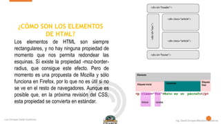 Los elementos de HTML son siempre
rectangulares, y no hay ninguna propiedad de
momento que nos permita redondear las
esquinas. Sí existe la propiedad -moz-border-
radius, que consigue este efecto. Pero de
momento es una propuesta de Mozilla y sólo
funciona en Firefox, por lo que no es útil si no
se ve en el resto de navegadores. Aunque es
posible que, en la próxima revisión del CSS,
esta propiedad se convierta en estándar.
¿CÓMO SON LOS ELEMENTOS
DE HTML?
 