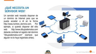 Un servidor web necesita disponer de
un dominio de Internet para que se
pueda acceder a él en la forma
http://www.nombre_dominio.com. Por
ejemplo, si quieres disponer del sitio
web http://www.dibujosdemotos.com
deberás contratar el registro del dominio
"dibujosdemotos.com" (siempre que
alguien no lo haya registrado antes).
¿QUÉ NECESITA UN
SERVIDOR WEB?
 