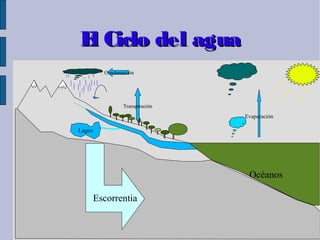 Océanos
El Ciclo del aguaEl Ciclo del agua
Lagos
Evaparación
Condensación
Transpiración
Escorrentia
 