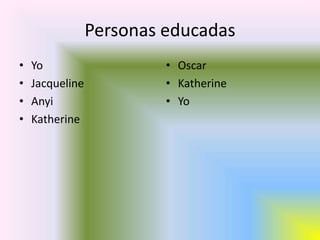 Personas educadas
•   Yo                    • Oscar
•   Jacqueline            • Katherine
•   Anyi                  • Yo
•   Katherine
 