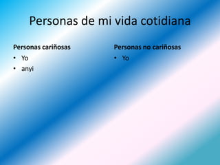 Personas de mi vida cotidiana
Personas cariñosas   Personas no cariñosas
• Yo                 • Yo
• anyi
 