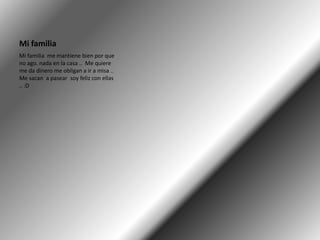 Mi familia
Mi familia me mantiene bien por que
no ago. nada en la casa .. Me quiere
me da dinero me obligan a ir a misa ..
Me sacan a pasear soy feliz con ellas
.. :D
 