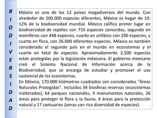 BIODIVERSIDADMéxico es uno de los 12 países megadiversos del mundo. Con alrededor de 200.000 especies diferentes, México es hogar de 10-12% de la biodiversidad mundial. México califica primer lugar en biodiversidad de reptiles con 733 especies conocidas, segundo en mamíferos con 448 especies, cuarto en anfibios con 290 especies, y cuarto en flora, con 26.000 diferentes especies. México es también considerado el segundo país en el mundo en ecosistemas y el cuarto en total de especies. Aproximadamente 2,500 especies están protegidas por la legislación méxicana. El gobierno mexicano creó el Sistema Nacional de Información acerca de la Biodiversidad, que se encarga de estudiar y promover el uso sustancial de los ecosistemas.En México, 170.000 kilómetros cuadrados son considerados "Áreas Naturales Protegidas". Incluidos 34 biosferas reservas (ecosistemas inalterados), 64 parques nacionales, 4 monumentos naturales, 26 áreas para proteger la flora y la fauna, 4 áreas para la protección natural y 17 santuarios (zonas con rica diversidad de especies).