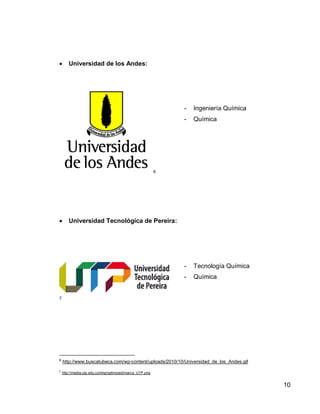 10 
 Universidad de los Andes: 
7 
- Ingeniería Química 
- Química 
Fundada el 16 de noviembre de 1948 por un grupo de jóvenes liderado por Mario Laserna Pinzón, la Universidad de los Andes es la primera institución de educación superior privada en Colombia de carácter laico e independiente de los partidos políticos, ajena a defender los intereses de algún grupo social o económico.8 
7 http://www.buscatubeca.com/wp-content/uploads/2010/10/Universidad_de_los_Andes.gif 
8 http://estudios.universia.net/colombia/institucion/universidad-los-andes 
 