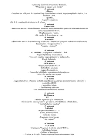 -Apreciar y reconocer direcciones y distancias.
                                   “Ocupando un espacio y un tiempo”
                                                (9 sesiones)
                                                  1-21 nov.
 - Coordinación. - Mejorar la coordinación y el equilibrio a través de propuestas globales lúdicas.“Los
                                             acróbatas”UD 5.
                                                - Equilibrio.
                                          - Juegos Coeducativos
Día de la erradicación de violencia de género
                                                (9 sesiones)
                                               22 nov-20 dic
- Habilidades básicas:- Practicar formas habituales de desplazamientos junto con el encadenamiento de
                                       saltos.“Los andarines”UD 6.
                                        Desplazamientos y saltos.
                                   Día escolar de la no violencia y paz
                                                (6 sesiones)
                                                8–30 enero
  - Habilidades básicas: Lanzamientos y recepciones.- Desarrollar y mejorar las habilidades básicas de
                                    lanzamientos y recepciones.UD 7.
                                           “¿Lanzas o recibes?”

                                               (6 sesiones)
                           1–15 febrero“Los juegos de toda la vida”.UD 8.
                                  - Juegos Populares y Tradicionales.
                        - Conocer y practicar juegos populares y tradicionales.
                                            Día de Andalucía.
                                               (6 sesiones)
                                              16-28 febrero
                                      “Juegos predivertidos”UD 9.
                                         - Habilidades genéricas.
                                         - Juegos Predeportivos.
                        - Desarrollar habilidades genéricas en distintos juegos.
                                    Visita a las instalaciones deport.
                                               (6 sesiones)
                                               1–15 marzo
  - Juegos alternativos.- Practicar las habilidades básicas y genéricas con materiales no habituales y
                                            construídos.UD 10.
                                           - Material reciclado.
                                        - Hab.básicas y genéricas
                               “Nos divertimos con materiales distintos”
                                             (4 sesiones)
                                            16–30 marzo
                                                UD 11.
                               - Hábitos higiénicos y de alimentación.
             - Reconocer los efectos positivos que tiene la actividad física sobre la Salud.
                                     “ Con la Salud por bandera”
                                             (3 sesiones)
                                              7–15 abril
                                    - Expresión corporal. UD 12.
                                       -Ritmo, dramatizaciones.
                                         - Bailes del mundo.
                                      - Expresarse con el cuerpo
                                           “¿Me expreso?”

                                               (6 sesiones)
                                               16–30 abril
                         - Orientación.“Juegos en el entorno natural”.UD 13.
                                         - Habilidades básicas.
                                        - Salida a la Naturaleza.
                 - Practicar actividades físicas de orientación en entornos conocidos.
 