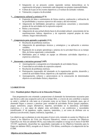 •   Integración en un proyecto común siguiendo normas democráticas en la
               organización del grupo y asumiendo cada integrante sus propias responsabilidades.
           •   Cultura de la paz en los eventos deportivos y el rechazo de actitudes violentas.
           •   Valoración y respeto a la diversidad.

6. _Competencia cultural y artística (CA)
         • Expresión de ideas o sentimientos de forma creativa: exploración y utilización de
            las posibilidades y recursos expresivos del cuerpo y del movimiento.
         • Adquisición de habilidades perceptivas: experiencias sensoriales y emocionales
            propias de las actividades de la expresión corporal.
         • Ritmo y movimiento.
         • Adquisición de una actitud abierta hacia la diversidad cultural: conocimiento de las
            manifestaciones lúdicas, deportivas y de expresión corporal propias de otras
            culturas. Juegos interculturales.

7. _Competencia para aprender a aprender (AA)
         • Resolución de problemas motrices.
         • Adquisición de aprendizajes técnicos y estratégicos y su aplicación a entornos
            variables.
         • Regulación de su propio aprendizaje y práctica de la actividad física en su tiempo
            libre, de forma organizada y estructurada.
         • Habilidades para el trabajo en equipo en diferentes actividades deportivas y
            expresivas colectivas.

8. _Autonomía e iniciativa personal (AIP)
         • Autorregulación y autogestión en el desempeño de actividades físicas.
         • Creatividad en actividades de expresión corporal.
         • Resolución de problemas motrices.
         • Participación responsable del alumnado en la organización, gestión, desarrollo y
            control de actividades físicas, deportivas y de expresión corporal.
         • Autosuperación, esfuerzo y perseverancia en la consecución de determinados
            objetivos en actividades físicas y deportivas.



3.2.OBJETIVOS

3.2.1. Finalidad global. Objetivos de la Educación Primaria

   Esta programación esta orientada a proporcionar al alumnado las herramientas necesarias para
que lleven a cabo una ocupación activa de su tiempo libre, y a través de esto contribuir a mejorar
su salud y calidad de vida tanto en el presente como en un futuro. Se pretende, pues, que el
alumnado llegue a conocer y practicar gran variedad de actividades físicas (juegos populares,
juegos autóctonos, juegos alternativos, deportes, actividades en la naturaleza, actividades
expresivas,...) y sea capaz de adaptar estas actividades a sus condiciones y necesidades
(modificando: nº de jugadores, reglas, espacios, materiales,...), así como de disfrutar con su
práctica (con diversión, respeto, tolerancia, seguridad,...).

Los objetivos que se plantean en esta área para el tercer ciclo, teniendo en cuenta los Objetivos de
Centro y los Objetivos de Ciclo (en Proyecto Educativo), vienen a concretar los Objetivos
Específicos de Área (en adelante OEA), cuya redacción completa se recoge en el Anexo II del RD
1513/07; igualmente, desarrollan las capacidades expresadas en los Objetivos Generales para la
Etapa (en adelante OGE), recogido en el Anexo I. Por último, contribuyen a la adquisición de las
CCBB.

Objetivos de la Educación primaria. (OGE)
 