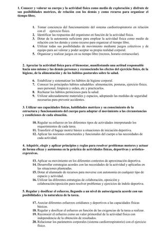 1. Conocer y valorar su cuerpo y la actividad física como medio de exploración y disfrute de
sus posibilidades motrices, de relación con los demás y como recurso para organizar el
tiempo libre.


          1. Tomar conciencia del funcionamiento del sistema cardiorrespiratorio en relación
             con el ejercicio físico.
          2. Identificar las respuestas del organismo en función de la actividad física.
          3. Dotar de la autonomía suficiente para emplear la actividad física como medio de
             relación con los demás y como recurso para organizar el tiempo libre.
          4. Utilizar todas sus posibilidades de movimiento mediante juegos colectivos y de
             equipo para así valorar y poder aceptar su propia realidad corporal.
          5. Organizar y realizar juegos en su tiempo libre (recreos, horario extraescolar).


   2. Apreciar la actividad física para el bienestar, manifestando una actitud responsable
   hacia uno mismo y las demás personas y reconociendo los efectos del ejercicio físico, de la
   higiene, de la alimentación y de los hábitos posturales sobre la salud.

          6. Estabilizar y sistematizar los hábitos de higiene corporal.
          7. Conocer los principales hábitos saludables: alimentación, posturas, ejercicio físico,
             aseo personal, limpieza y orden, etc y practicarlos.
          8. Rechazar los hábitos perniciosos para la salud.
          9. Utilizar adecuadamente materiales y espacios, adoptando las medidas de seguridad
             necesarias para prevenir accidentes.

   3. Utilizar sus capacidades físicas, habilidades motrices y su conocimiento de la
   estructura y funcionamiento del cuerpo para adaptar el movimiento a las circunstancias
   y condiciones de cada situación.

          10. Regular su esfuerzo en los diferentes tipos de actividades interpretando los
              requerimientos de cada tarea.
          11. Transferir el bagaje motriz básico a situaciones de iniciación deportiva.
          12. Aplicar las nociones estructurales y funcionales del cuerpo a las necesidades de
              cada actividad.

   4. Adquirir, elegir y aplicar principios y reglas para resolver problemas motores y actuar
   de forma eficaz y autónoma en la práctica de actividades físicas, deportivas y artístico-
   expresivas.

          13. Aplicar su movimiento en los diferentes contextos de aproximación deportiva.
          14. Desarrollar estrategias acordes con las necesidades de la actividad y aplicarlas en
              las situaciones planteadas.
          15. Dotar al alumnado de recursos para moverse con autonomía en cualquier tipo de
              espacio y actividad.
          16. Utilizar las diferentes estrategias de colaboración, oposición y
              colaboración/oposición para resolver problemas y ejercicios de índole deportiva.

   5. Regular y dosificar el esfuerzo, llegando a un nivel de autoexigencia acorde con sus
   posibilidades y la naturaleza de la tarea.

          17. Asociar diferentes esfuerzos cotidianos y deportivos a las capacidades físicas
              básicas.
          18. Regular y dosificar el esfuerzo en función de las exigencias de la tarea a realizar.
          19. Reconocer el esfuerzo como un valor primordial de la actividad física con
              independencia de la obtención de resultados.
          20. Relacionar los parámetros corporales (sistema cardiorrespiratorio) con el ejercicio
              físico.
 