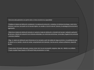 • Estructura adecuadamente una opinión sobre un tema conocido de su especialidad
• Establece el sistema de distribución considerando los sistemas de producción y marketing y los factores de entrega y costo de los
productos o servicios, de acuerdo con el mercado objetivo, los canales, el ciclo de vida del producto y la estrategia promocional de la
organización.
• Determina el sistema de distribución teniendo en cuenta los niveles de distribución y al tamaño del mercado, mediante la aplicación
de técnicas y métodos de evaluación de los factores ambientales, las condiciones económicas, comerciales y legales de los productos
y servicios a distribuir.
• Elige el sistema de distribución para introducirse en los mercados a partir del análisis de riesgo económico y la posibilidad de éxito
en relación con su tamaño, volumen de ventas, comportamiento de la demanda, nivel de servicio, esfuerzo profesional y desarrollo
técnico.
• Puede extraer información adecuada y precisa y tomar nota de una conversación, programa, clase, etc.; referido a su profesión.
• Puede completar frases basado en información leída previamente en un texto.
 