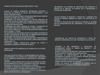 •PRODUCIR TEXTOS EN INGLÉS EN FORMA ESCRITA Y ORAL.
•BUSCAR DE MANERA SISTEMÁTICA INFORMACIÓN ESPECÍFICA Y
DETALLADA EN ESCRITOS EN INGLÉS, MAS ESTRUCTURADOS Y CON
MAYOR CONTENIDO TÉCNICO
•REPRODUCIR EN INGLÉS FRASES O ENUNCIADOS SIMPLES QUE PERMITAN
EXPRESAR DE FORMA LENTA IDEAS O CONCEPTOS
•COMPRENDER LAS IDEAS PRINCIPALES DE TEXTOS COMPLEJOS EN
INGLÉS QUE TRATAN DE TEMAS TANTO CONCRETOS COMO ABSTRACTOS,
INCLUSO SI SON DE CARÁCTER TÉCNICO, SIEMPRE QUE ESTÉN DENTRO DE
SU CAMPO DE ESPECIALIZACIÓN
•COMPRENDER UNA AMPLIA VARIEDAD DE FRASES Y VOCABULARIO EN
INGLÉS SOBRE TEMAS DE INTERÉS PERSONAL Y TEMAS TÉCNICOS
•LEER TEXTOS COMPLEJOS Y CON UN VOCABULARIO MÁS ESPECÍFICO, EN
INGLÉS GENERAL Y TÉCNICO
•RELACIONARSE CON HABLANTES NATIVOS EN UN GRADO SUFICIENTE DE
FLUIDEZ Y NATURALIDAD, DE MODO QUE LA COMUNICACIÓN SE REALICE
SIN ESFUERZO POR PARTE DE LOS INTERLOCUTORES
•ENCONTRAR Y UTILIZAR SIN ESFUERZO VOCABULARIO Y EXPRESIONES DE
INGLÉS TÉCNICO EN ARTÍCULOS DE REVISTAS, LIBROS ESPECIALIZADOS,
PÁGINAS WEB, ETC
•IDENTIFICAR FORMAS GRAMATICALES BÁSICAS EN TEXTOS Y
DOCUMENTOS ELEMENTALES ESCRITOS EN INGLÉS
•IMPLEMENTAR LAS ACCIONES DE PENETRACIÓN DEL PRODUCTO O
SERVICIO EN EL MERCADO DE ACUERDO CON LA RENTABILIDAD Y
ESTRATEGIAS DE MERCADEO.
•APLICAR PRUEBAS DE MERCADO A PRODUCTOS O SERVICIOS CON
CALIDAD DE SERVICIO TENIENDO EN CUENTA LAS POLÍTICAS DE LA
EMPRESA
•VALORAR EL CICLO DE VIDA DEL PRODUCTO O SERVICIO DE ACUERDO
CON LAS CARACTERÍSTICAS DEL CONSUMIDOR Y LAS VARIABLES DEL
MERCADO.
•DESARROLLAR LOS CANALES DE DISTRIBUCIÓN A PARTIR DEL
MERCADO, IDIOSINCRASIA, CULTURA Y NECESIDAD DE LOS CLIENTES.
•OPTIMIZAR LA RED GEOGRÁFICA Y TECNOLÓGICA DE
DISTRIBUIDORES, SEGÚN EL TAMAÑO DEL MERCADO Y LAS
NECESIDADES DEL CLIENTE.
•ELEGIR EL SISTEMA DE DISTRIBUCIÓN Y VENTA APLICANDO TÉCNICAS
DE EVALUACIÓN DE ACUERDO CON EL MERCADO META.
•IDENTIFICAR EL COMPORTAMIENTO DE LAS VARIABLES Y
ESTÁNDARES DE GESTIÓN DE LOS CANALES TENIENDO EN CUENTA
LAS METAS DE VENTAS DE LA EMPRESA.
•APLICAR POLÍTICAS Y ESTRATEGIAS DE DISTRIBUCIÓN TENIENDO EN
CUENTA LA ESTRUCTURACIÓN DEL MERCADO.
•ELEGIR LOS CANALES DE DISTRIBUCIÓN DE ACUERDO CON LA
NATURALEZA DEL PRODUCTO Y EL SEGMENTO DE MERCADO.
•MANEJAR CONTACTOS COMERCIALES DE ACUERDO CON LA ACTIVIDAD
DE MERCADEO.
•REALIZAR CONTRATOS FRENTE A LOS REQUERIMIENTOS DEL EVENTO
CON PERTENENCIA Y DE ACUERDO CON LA REVISIÓN DEL CUMPLIMIENTO
DE LOS TÉRMINOS DE NEGOCIACIÓN, EL PRESUPUESTO Y LAS NORMAS
LEGALES.
•MANEJAR LAS RELACIONES PÚBLICAS CON LOS DIFERENTES ACTORES
QUE INTERVIENEN EN EL EVENTO, CON RESPETO POR OTRO Y SEGÚN EL
PROGRAMA DE PUBLICIDAD Y PROMOCIÓN DE LA EMPRESA.
•ORGANIZAR LA INFORMACIÓN RELACIONADA CON EL DESARROLLO DE
LOS EVENTOS FRENTE A LOS RESULTADOS OBTENIDOS VS. LOS
OBJETIVOS EMPRESARIALES TENIENDO EN CUENTA EL TIPO DE EVENTO
SEGÚN LAS POLÍTICAS DE LA ORGANIZACIÓN.
 