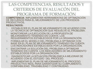 LAS COMPETENCIAS, RESULTADOS Y
CRITERIOS DE EVALUACÓN DEL
PROGRAMA DE FORMACIÓN
COMPETENCIA: IMPLEMENTAR HERRAMIENTAS DE OPTIMIZACIÓN
DE RECURSOS PARA EL MEJORAMIENTO DE LOS PROCESOS
PRODUCTIVOS.
RESULTADOS:
1. ESTABLECER EL PLAN DE MEJORAMIENTO DE ACUERDO CON
LA TÉCNICA DE OPTIMIZACIÓN QUE RESUELVE EL PROBLEMA.
2. MONITOREAR LA EJECUCIÓN DE LA PROPUESTA DE
MEJORAMIENTO TENIENDO EN CUENTA LOS
REQUERIMIENTOS ESTABLECIDOS POR LA ORGANIZACIÓN.
3. FORMULAR EL MODELO DEL PROBLEMA A OPTIMIZAR CON
BASE EN EL PLAN DE MEJORAMIENTO TENIENDO EN CUENTA
LOS INDICADORES ESTABLECIDOS POR LA ORGANIZACIÓN.
4. ENCONTRAR LA SOLUCIÓN DEL PROBLEMA A OPTIMIZAR
TENIENDO EN CUENTA LOS INDICADORES DE MEJORAMIENTO
ESTABLECIDOS POR LA ORGANIZACIÓN.
5. DIAGNOSTICAR LA SITUACIÓN PROBLEMICA A MEJORAR DE
ACUERDO CON EL ESTUDIO DEL PROCESO.
6. IMPLEMENTAR EL PLAN DE MEJORAMIENTO AL PROCESO
PRODUCTIVO REAL PARA GARANTIZAR SU CUMPLIMIENTO,
CONFIABILIDAD, TRAZABILIDAD Y CONTINUIDAD.
 