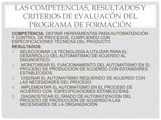 LAS COMPETENCIAS, RESULTADOS Y
CRITERIOS DE EVALUACÓN DEL
PROGRAMA DE FORMACIÓN
COMPETENCIA: DEFINIR HERRAMIENTAS PARA AUTOMATIZACIÓN
Y CONTROL DE PROCESOS, CUMPLIENDO CON
ESPECIFICACIONES TÉCNICAS DEL PRODUCTO
RESULTADOS:
1. SELECCIONAR LA TECNOLOGÍA A UTILIZAR PARA EL
DESARROLLO DEL AUTOMATISMO DE ACUERDO AL
DIAGNOSTICO.
2. MONITOREAR EL FUNCIONAMIENTO DEL AUTOMATISMO EN EL
PROCESO DE PRODUCCIÓN DE ACUERDO CON ESTANDARES
ESTABLECIDOS.
3. DISEÑAR EL AUTOMATISMO REQUERIDO DE ACUERDO CON
LAS NECESIDADES DEL PROCESO.
4. IMPLEMENTAR EL AUTOMATISMO EN EL PROCESO DE
ACUERDO CON ESPECIFICACIONES ESTABLECIDAS.
5. DIAGNOSTICAR EL GRADO DE AUTOMATIZACIÓN DEL
PROCESO DE PRODUCCIÓN DE ACUERDO A LAS
NECESIDADES DE LA ORGANIZACIÓN
 