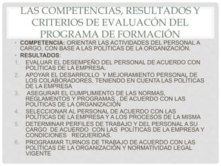 LAS COMPETENCIAS, RESULTADOS Y
CRITERIOS DE EVALUACÓN DEL
PROGRAMA DE FORMACIÓN
• COMPETENCIA: ORIENTAR LAS ACTIVIDADES DEL PERSONAL A
CARGO, CON BASE A LAS POLÍTICAS DE LA ORGANIZACIÓN.
• RESULTADOS:
1. EVALUAR EL DESEMPEÑO DEL PERSONAL DE ACUERDO CON
POLÍTICAS DE LA EMPRESA.
2. APOYAR EL DESARROLLO Y MEJORAMIENTO PERSONAL DE
LOS COLABORADORES, TENIENDO EN CUENTA LAS POLÍTICAS
DE LA EMPRESA
3. ASEGURAR EL CUMPLIMIENTO DE LAS NORMAS,
REGLAMENTOS Y PROGRAMAS , DE ACUERDO CON LAS
POLÍTICAS DE LA ORGANIZACIÓN
4. SELECCIONAR AL PERSONAL DE ACUERDO CON LAS
POLÍTICAS DE LA EMPRESA Y A LOS PROCESOS DE LA MISMA
5. DETERMINAR PERFILES DE TRABAJO Y DEL PERSONAL A SU
CARGO DE ACUERDO CON LAS POLÍTICAS DE LA EMPRESA Y
CONDICIONES REQUERIDAS.
6. PROGRAMAR TURNOS DE TRABAJO DE ACUERDO CON LAS
POLÍTICAS DE LA ORGANIZACIÓN Y NORMATIVIDAD LEGAL
VIGENTE
 