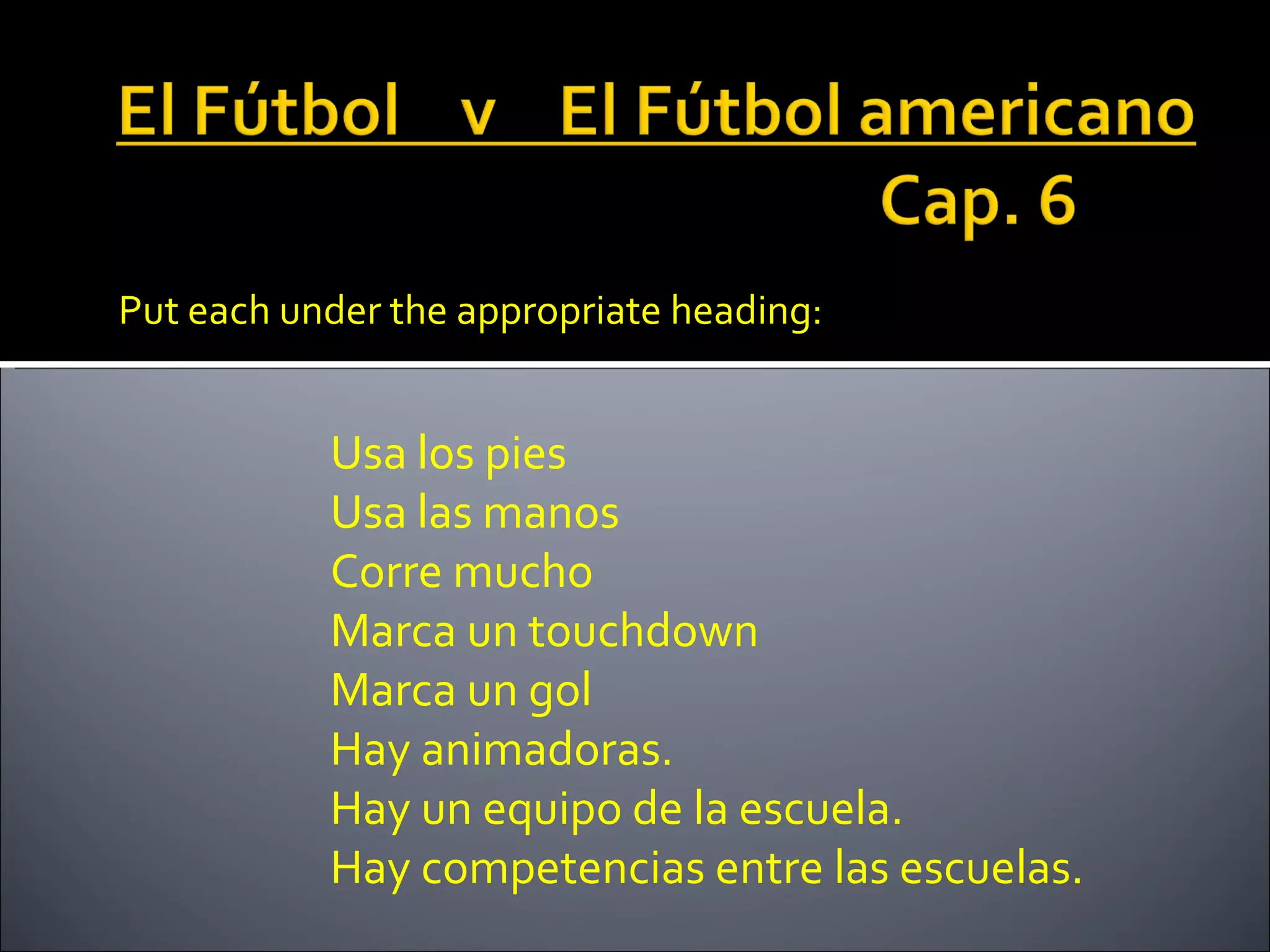 Put each under the appropriate heading:


           Usa los pies
           Usa las manos
           Corre mucho
           Marca un touchdown
           Marca un gol
           Hay animadoras.
           Hay un equipo de la escuela.
           Hay competencias entre las escuelas.
 
