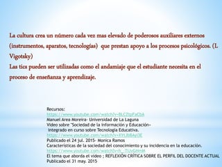 Recursos:
https://www.youtube.com/watch?v=BLCZtpFaCbA
Manuel Area Moreira- Universidad de La Laguna
Video sobre "Sociedad de la información y Educación«
integrado en curso sobre Tecnología Educativa.
https://www.youtube.com/watch?v=XYtJbBAyi3E
Publicado el 24 jul. 2015- Monica Ramos
Características de la sociedad del conocimiento y su incidencia en la educación.
https://www.youtube.com/watch?v=h_-TIJvGHmM
El tema que aborda el vídeo ; REFLEXIÓN CRÍTICA SOBRE EL PERFIL DEL DOCENTE ACTUAL
Publicado el 31 may. 2015
La cultura crea un número cada vez mas elevado de poderosos auxiliares externos
(instrumentos, aparatos, tecnologías) que prestan apoyo a los procesos psicológicos. (L
Vigotsky)
Las tics pueden ser utilizadas como el andamiaje que el estudiante necesita en el
proceso de enseñanza y aprendizaje.
 