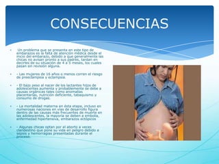 CONSECUENCIAS
Un problema que se presenta en este tipo de
embarazos es la falta de atención médica desde el
inicio del embarazo, debido a que generalmente las
chicas no avisan pronto a sus padres, tardan en
decirles de su situación de 4 a 5 meses, los cuales
pasan sin revisión alguna.
- Las mujeres de 16 años o menos corren el riesgo
de preeclampsia y eclampsia.
- El bajo peso al nacer de los lactantes hijos de
adolescentes aumenta y probablemente se debe a
causas orgánicas tales como anomalías
placentarias, nutrición deficiente, tabaquismo y
consumo de drogas.
- La mortalidad materna en ésta etapa, incluso en
numerosas naciones en vías de desarrollo figura
dentro de las causas más frecuentes de muerte en
las adolescentes, la mayoría se deben a embolia,
enfermedad hipertensiva, embarazos ectópicos

- Algunas chicas optan por el aborto a veces
clandestino que pone su vida en peligro debido a
sepsis y hemorragias presentadas durante el
proceso.

 