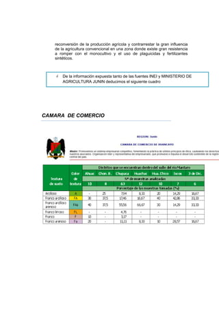 reconversión de la producción agrícola y contrarrestar la gran influencia
de la agricultura convencional en una zona donde existe gran resistencia
a romper con el monocultivo y el uso de plaguicidas y fertilizantes
sintéticos.
CAMARA DE COMERCIO
 De la información expuesta tanto de las fuentes INEI y MINISTERIO DE
AGRICULTURA JUNIN deducimos el siguiente cuadro
 
