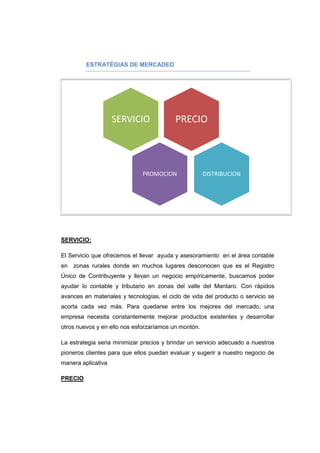 ESTRATÉGIAS DE MERCADEO
SERVICIO:
El Servicio que ofrecemos el llevar ayuda y asesoramiento en el área contable
en zonas rurales donde en muchos lugares desconocen que es el Registro
Único de Contribuyente y llevan un negocio empíricamente, buscamos poder
ayudar lo contable y tributario en zonas del valle del Mantaro. Con rápidos
avances en materiales y tecnologías, el ciclo de vida del producto o servicio se
acorta cada vez más. Para quedarse entre los mejores del mercado, una
empresa necesita constantemente mejorar productos existentes y desarrollar
otros nuevos y en ello nos esforzaríamos un montón.
La estrategia seria minimizar precios y brindar un servicio adecuado a nuestros
pioneros clientes para que ellos puedan evaluar y sugerir a nuestro negocio de
manera aplicativa
PRECIO
PRECIOSERVICIO
PROMOCION DISTRIBUCION
 