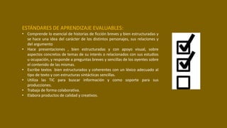 ESTÁNDARES DE APRENDIZAJE EVALUABLES:
• Comprende lo esencial de historias de ficción breves y bien estructuradas y
se hace una idea del carácter de los distintos personajes, sus relaciones y
del argumento
• Hace presentaciones , bien estructuradas y con apoyo visual, sobre
aspectos concretos de temas de su interés o relacionados con sus estudios
u ocupación, y responde a preguntas breves y sencillas de los oyentes sobre
el contenido de las mismas.
• Escribe textos bien estructurados y coherentes con un léxico adecuado al
tipo de texto y con estructuras sintácticas sencillas.
• Utiliza las TIC para buscar información y como soporte para sus
producciones.
• Trabaja de forma colaborativa.
• Elabora productos de calidad y creativos.
 
