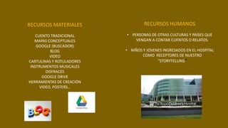 RECURSOS MATERIALES
CUENTO TRADICIONAL
MAPAS CONCEPTUALES
GOOGLE (BUSCADOR)
BLOG
VIDEO
CARTULINAS Y ROTULADORES
INSTRUMENTOS MUSICALES
DISFRACES
GOOGLE DRIVE
HERRAMIENTAS DE CREACIÓN
VIDEO, POSTERS…
RECURSOS HUMANOS
• PERSONAS DE OTRAS CULTURAS Y PAÍSES QUE
VENGAN A CONTAR CUENTOS O RELATOS.
• NIÑOS Y JOVENES INGRESADOS EN EL HOSPITAL
COMO RECEPTORES DE NUESTRO
“STORYTELLING”
 