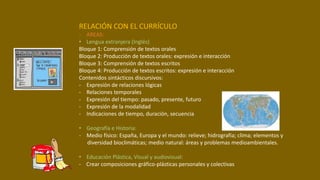 RELACIÓN CON EL CURRÍCULO
- AREAS:
• Lengua extranjera (Inglés)
Bloque 1: Comprensión de textos orales
Bloque 2: Producción de textos orales: expresión e interacción
Bloque 3: Comprensión de textos escritos
Bloque 4: Producción de textos escritos: expresión e interacción
Contenidos sintácticos discursivos:
- Expresión de relaciones lógicas
- Relaciones temporales
- Expresión del tiempo: pasado, presente, futuro
- Expresión de la modalidad
- Indicaciones de tiempo, duración, secuencia
• Geografía e Historia:
- Medio físico: España, Europa y el mundo: relieve; hidrografía; clima; elementos y
diversidad bioclimáticas; medio natural: áreas y problemas medioambientales.
• Educación Plástica, Visual y audiovisual:
- Crear composiciones gráfico-plásticas personales y colectivas
 