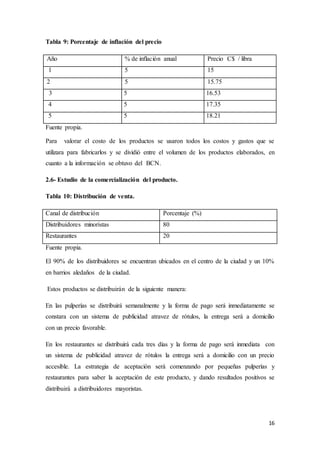 16
Tabla 9: Porcentaje de inflación del precio
Año % de inflación anual Precio C$ / libra
1 5 15
2 5 15.75
3 5 16.53
4 5 17.35
5 5 18.21
Fuente propia.
Para valorar el costo de los productos se usaron todos los costos y gastos que se
utilizara para fabricarlos y se dividió entre el volumen de los productos elaborados, en
cuanto a la información se obtuvo del BCN.
2.6- Estudio de la comercialización del producto.
Tabla 10: Distribución de venta.
Canal de distribución Porcentaje (%)
Distribuidores minoristas 80
Restaurantes 20
Fuente propia.
El 90% de los distribuidores se encuentran ubicados en el centro de la ciudad y un 10%
en barrios aledaños de la ciudad.
Estos productos se distribuirán de la siguiente manera:
En las pulperías se distribuirá semanalmente y la forma de pago será inmediatamente se
constara con un sistema de publicidad atravez de rótulos, la entrega será a domicilio
con un precio favorable.
En los restaurantes se distribuirá cada tres días y la forma de pago será inmediata con
un sistema de publicidad atravez de rótulos la entrega será a domicilio con un precio
accesible. La estrategia de aceptación será comenzando por pequeñas pulperías y
restaurantes para saber la aceptación de este producto, y dando resultados positivos se
distribuirá a distribuidores mayoristas.
 