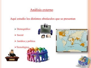 Análisis externo

Aquí estudio los distintos obstáculos que se presentan


    Demográfico

    Social

    Jurídica y política

   Tecnológico
 