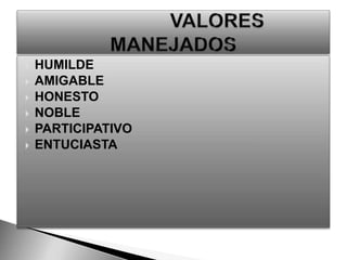 HUMILDEAMIGABLEHONESTONOBLEPARTICIPATIVOENTUCIASTA                VALORES MANEJADOS