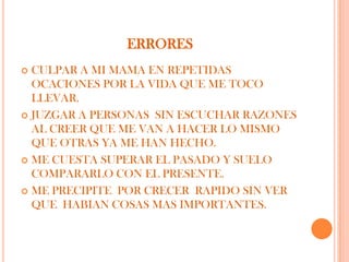 ERRORES
 CULPAR A MI MAMA EN REPETIDAS
  OCACIONES POR LA VIDA QUE ME TOCO
  LLEVAR.
 JUZGAR A PERSONAS SIN ESCUCHAR RAZONES
  AL CREER QUE ME VAN A HACER LO MISMO
  QUE OTRAS YA ME HAN HECHO.
 ME CUESTA SUPERAR EL PASADO Y SUELO
  COMPARARLO CON EL PRESENTE.
 ME PRECIPITE POR CRECER RAPIDO SIN VER
  QUE HABIAN COSAS MAS IMPORTANTES.
 