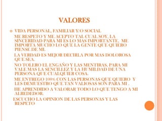 VALORES
    VIDA PERSONAL, FAMILIAR Y/O SOCIAL
    ME RESPETO Y ME ACEPTO TAL CUAL SOY, LA
     SINCERIDAD PARA MI ES LO MAS IMPORTANTE, ME
     IMPORTA MUCHO LO QUE LA GENTE QUE QUIERO
     PIENSE DE MI.
    LA VERDAD ES MEJOR DECIRLA POR MAS DOLOROSA
     QUE SEA.
    NO TOLERO EL ENGAÑO Y LAS MENTIRAS, PARA MI
     VALE MAS LA SENCILLEZ Y LA HUMILDAD DE UNA
     PERSONA QUE CUALQUIER COSA.
    ME ENTREGO 100% CON LAS PERSONAS QUE QUIERO Y
     LES DEMUESTRO QUE TAN VALIOSAS SON PARA MI .
    HE APRENDIDO A VALORAR TODO LO QUE TENGO A MI
     ALREDEDOR.
    ESCUCHO LA OPINION DE LAS PERSONAS Y LAS
     RESPETO
 